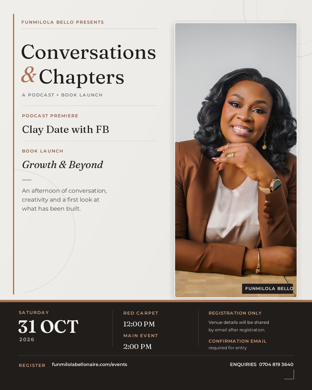 Conversations and Chapters — the launch of Clay Date with FB and Growth and Beyond on 31st October 2026